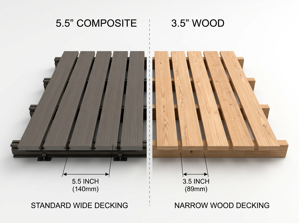 Deck Board Size Comparison: 5.5 inch standard composite vs 3.5 inch narrow wood