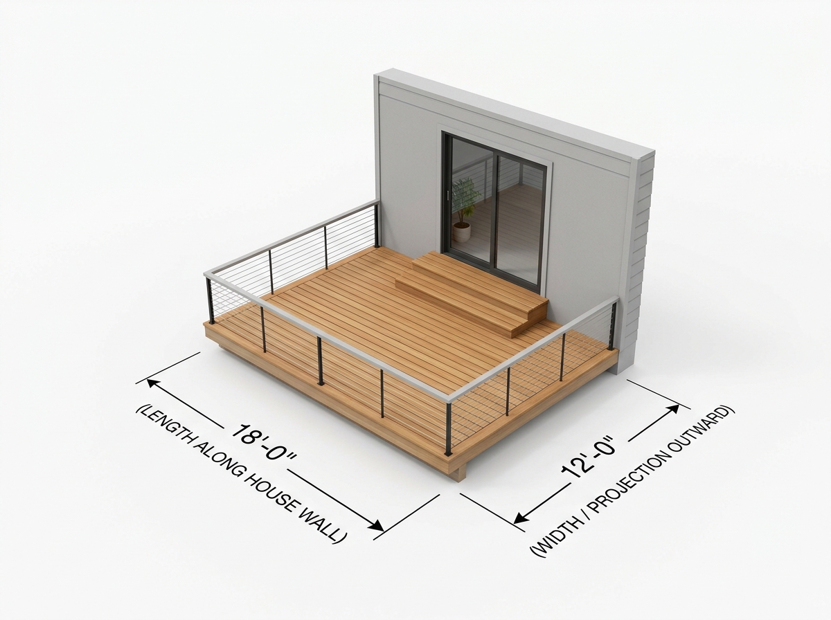 Deck Dimensions Diagram: Length along house wall vs Width projection