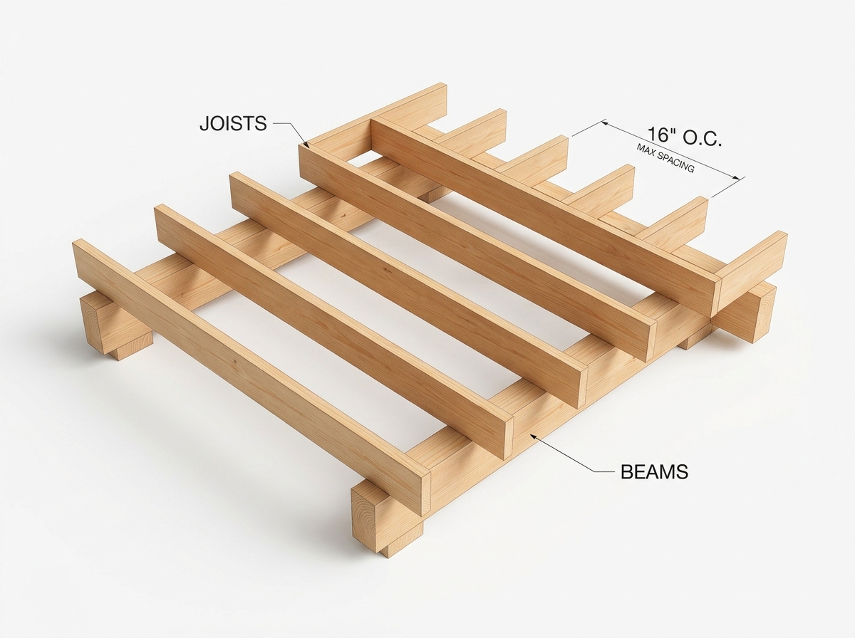 Deck Joist Spacing Diagram: 16 inch on-center joists resting on structural beams