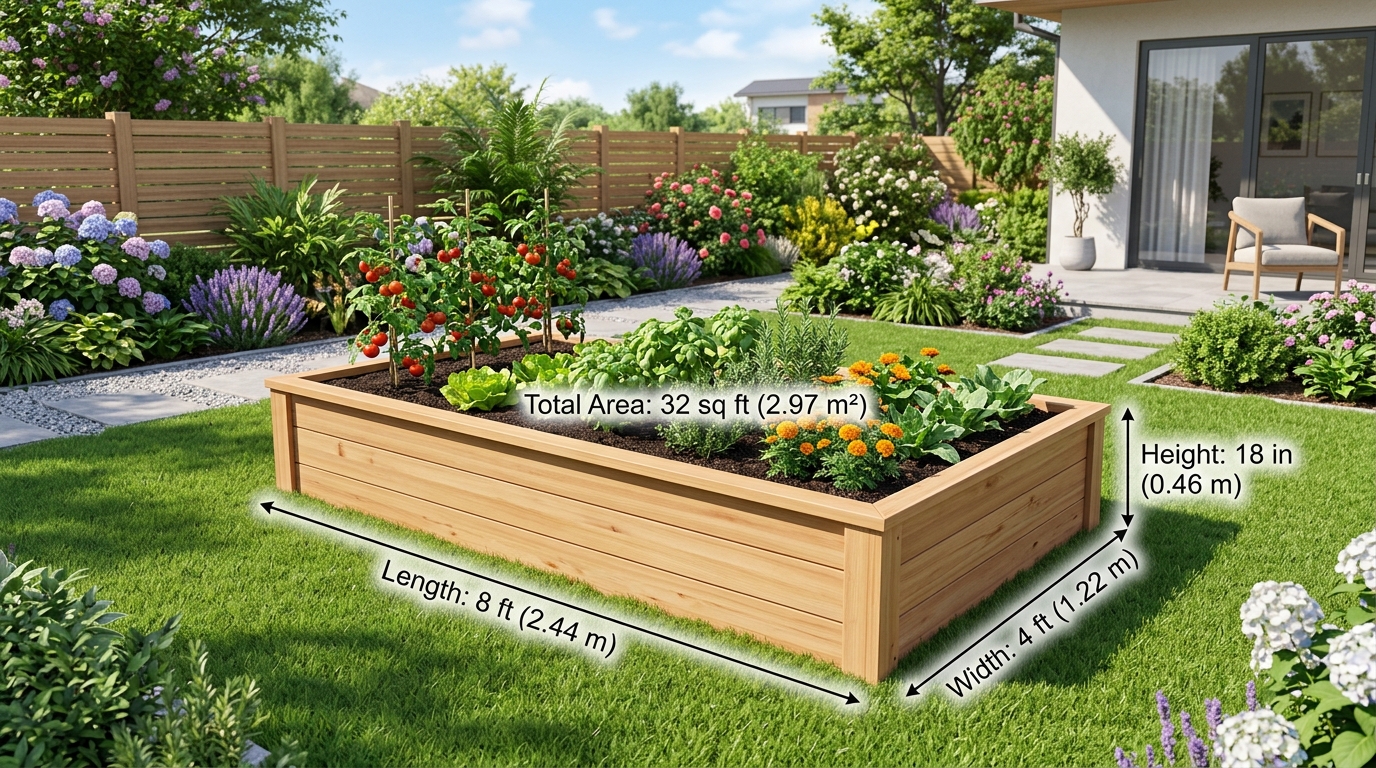 3D Architectural Diagram of Raised Garden Bed Dimensions