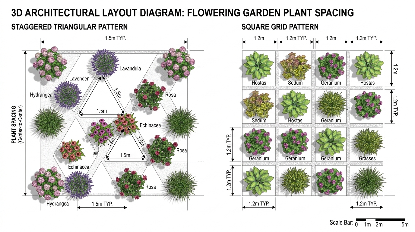 3D Architectural Diagram of Plant Spacing Patterns (Triangular vs Grid)