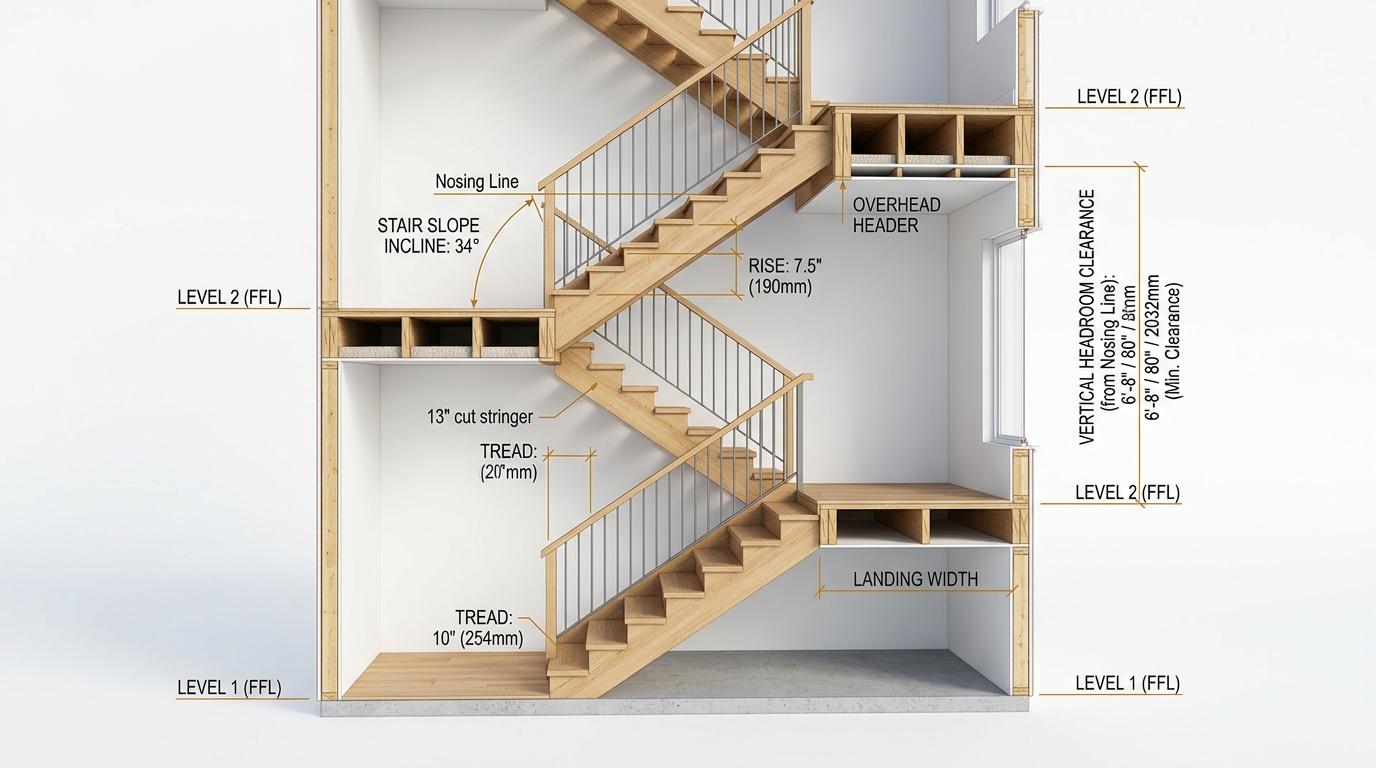 3D Architectural Diagram of Stair Angle, Slope Incline and Headroom Clearance
