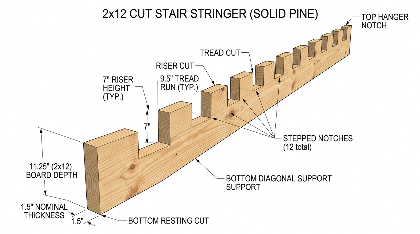 3D Architectural Diagram of 2x12 Cut Wooden Stair Stringer Board with Throat Depth