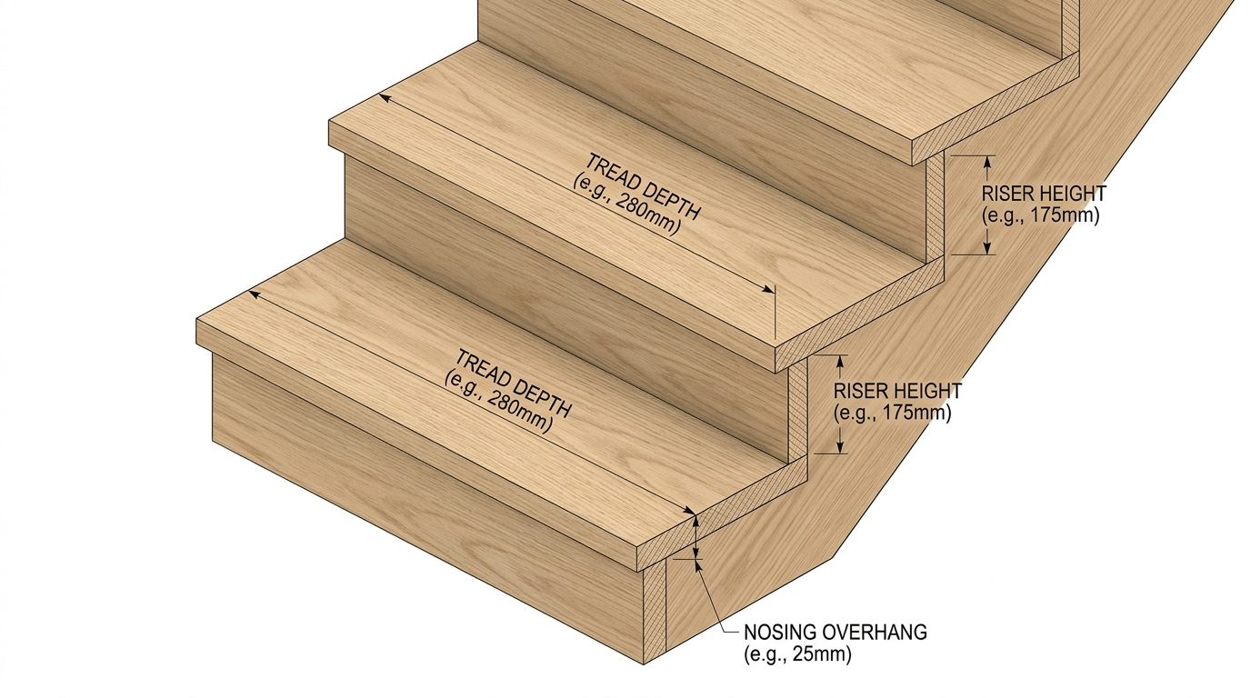 3D Architectural Diagram of Tread Depth and Riser Height with Nosing Overhang